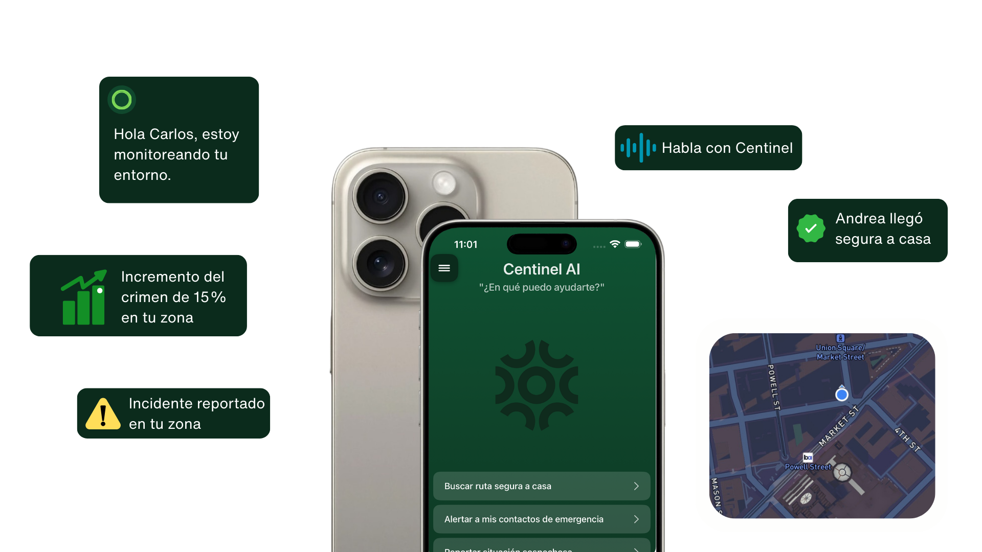 Centinel AI en un smartphone mostrando notificaciones y alertas