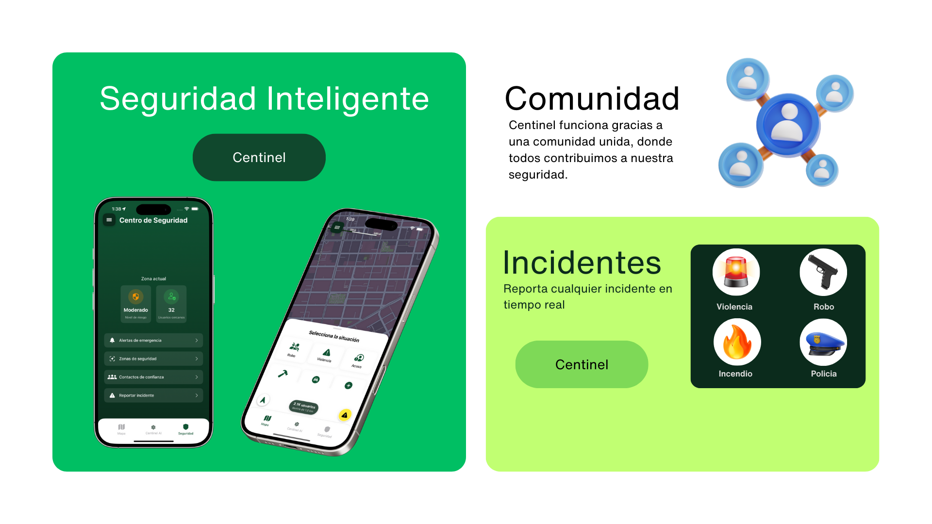 Interfaz de Centinel AI mostrando seguridad inteligente y reportes de incidentes